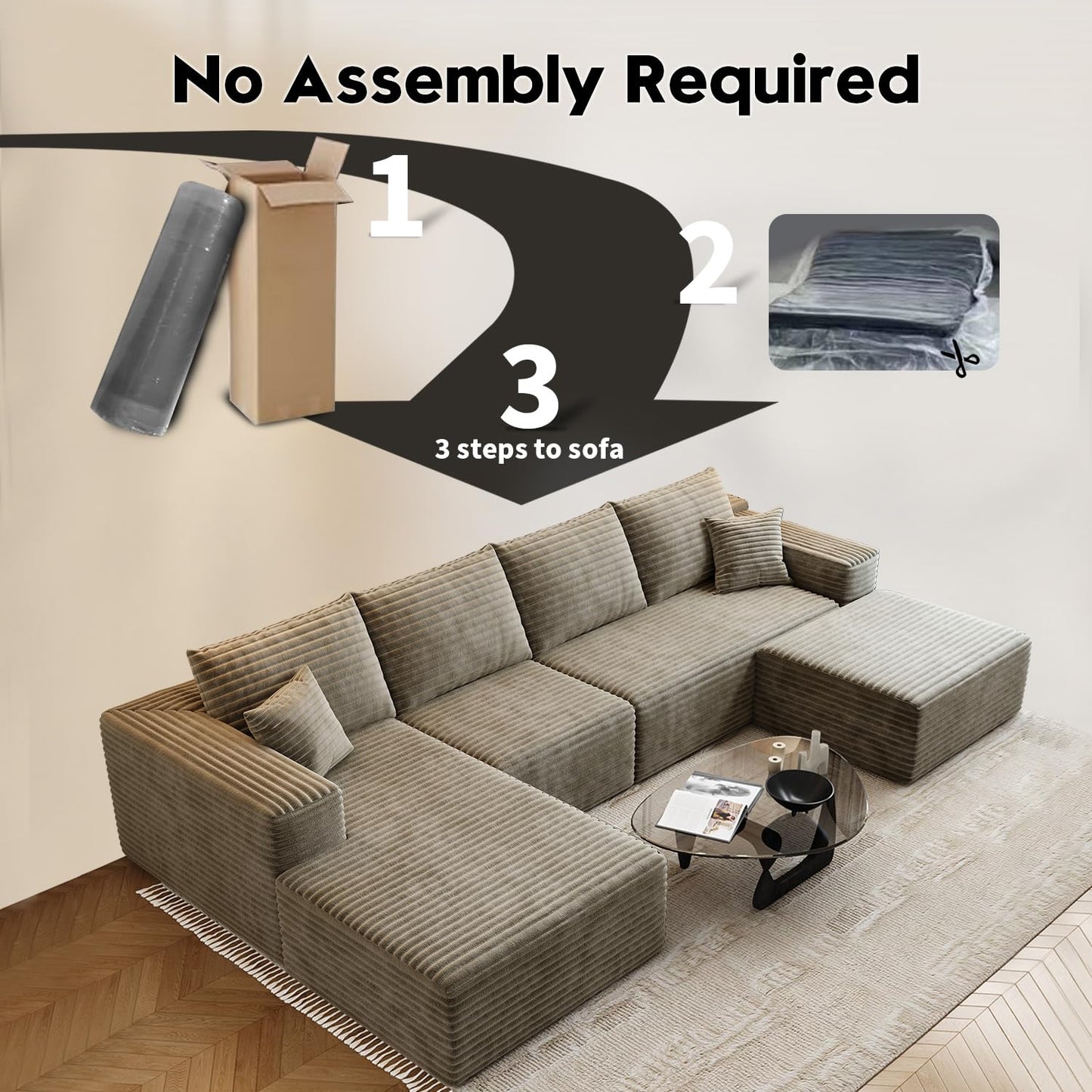 107.5" Cloud Modular Sectional Sofa Couch with L-Shape Chaise,Modern Minimalist Upholstered Couches for Living Room Bedroom,Deep Seat Corner Couch，No Assembly Required (Camel,Left Facing Chaise)