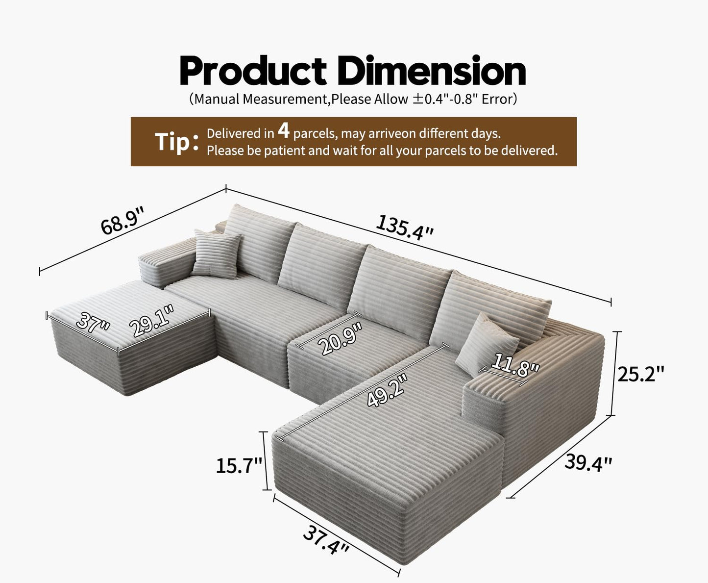 107.5" Cloud Modular Sectional Sofa Couch with L-Shape Chaise,Modern Minimalist Upholstered Couches for Living Room Bedroom,Deep Seat Corner Couch，No Assembly Required (Camel,Left Facing Chaise)
