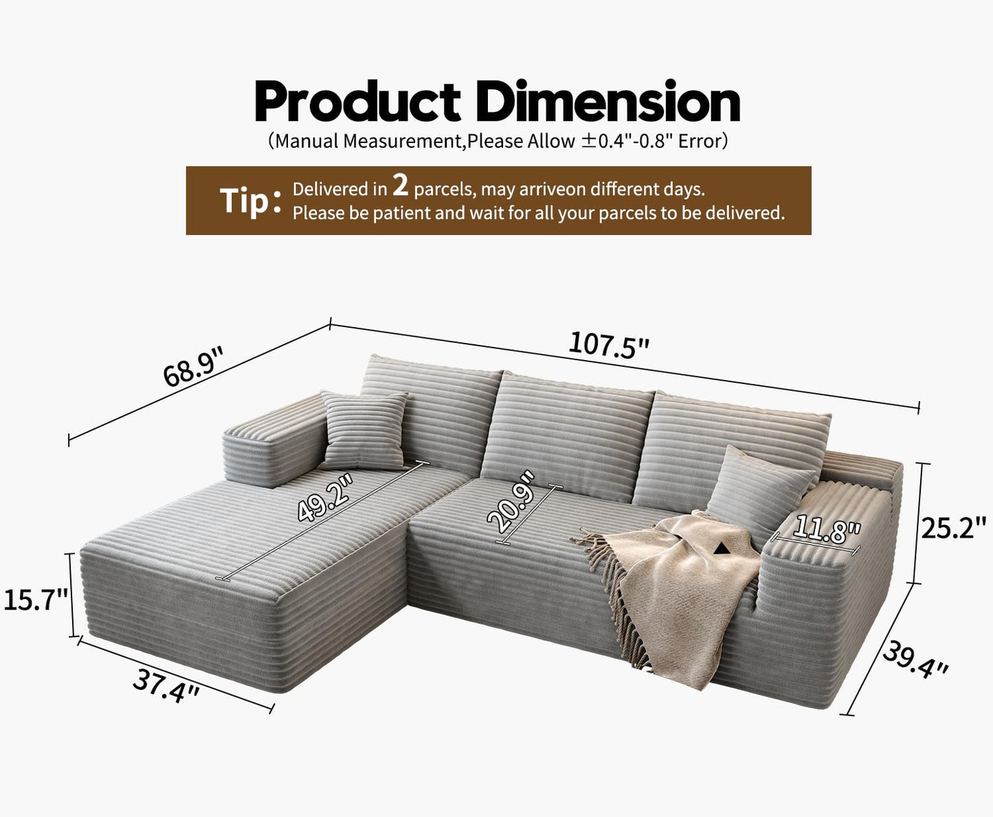 107.5" Cloud Modular Sectional Sofa Couch with L-Shape Chaise,Modern Minimalist Upholstered Couches for Living Room Bedroom,Deep Seat Corner Couch，No Assembly Required (Camel,Left Facing Chaise)