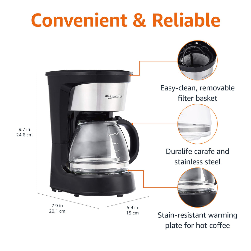 Amazon Basics 5 Cup Drip Coffee Maker, Coffee Machine with Glass Coffee Pot (0.8 Qt), Auto Shut-off, Auto Pause, Removable Filter Basket, Matte Black