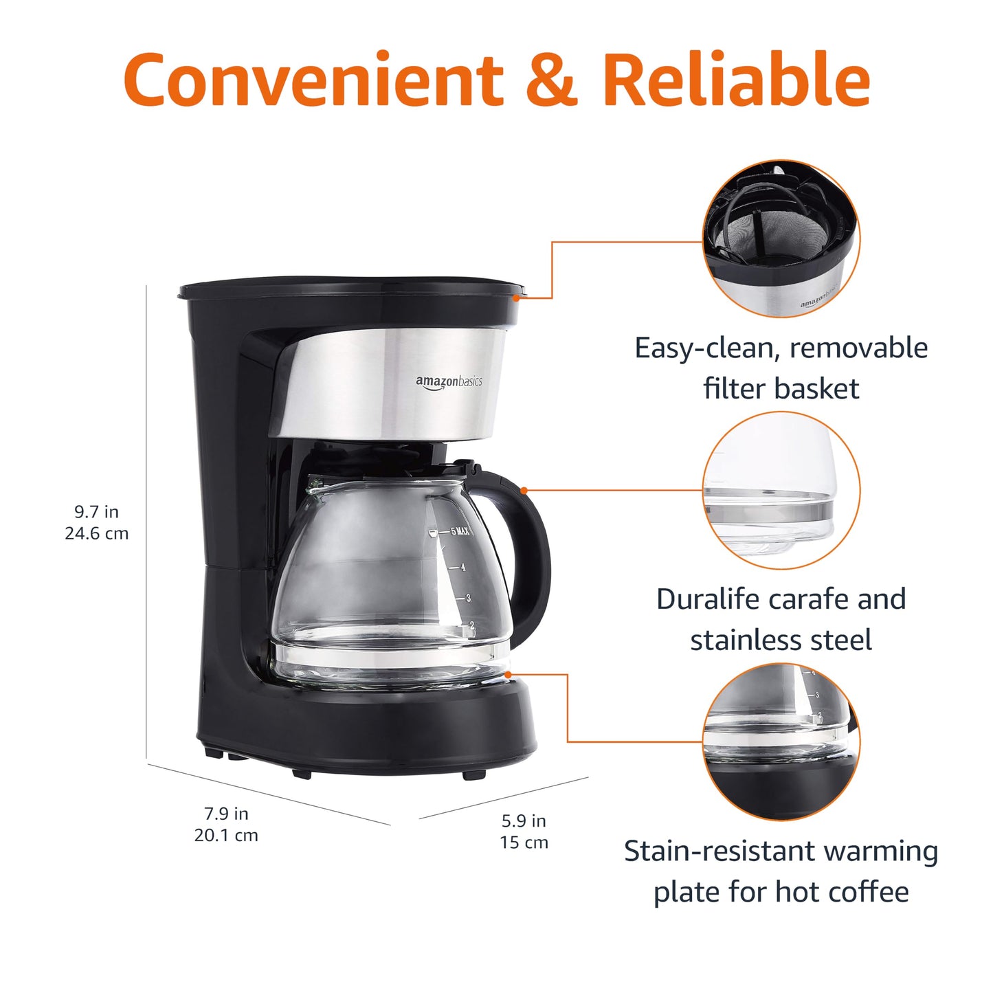 Amazon Basics 5 Cup Drip Coffee Maker, Coffee Machine with Glass Coffee Pot (0.8 Qt), Auto Shut-off, Auto Pause, Removable Filter Basket, Matte Black