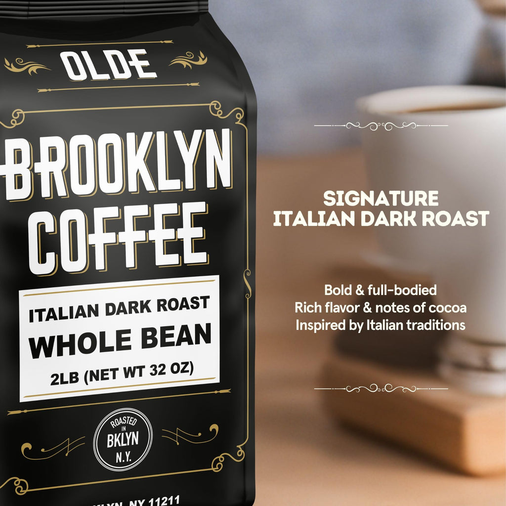 BROOKLYN COFFEE Whole Bean, Italian Dark Roast (5lb) Extra Strong, Delicious Taste, Heavenly Aroma - Fresh Bulk Coffee Beans Roasted Weekly in NYC