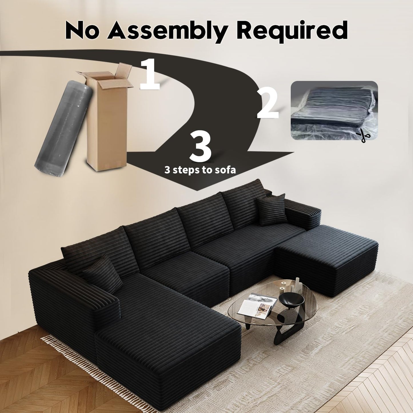 107.5" Cloud Modular Sectional Sofa Couch with L-Shape Chaise,Modern Minimalist Upholstered Couches for Living Room Bedroom,Deep Seat Corner Couch，No Assembly Required (Camel,Left Facing Chaise)