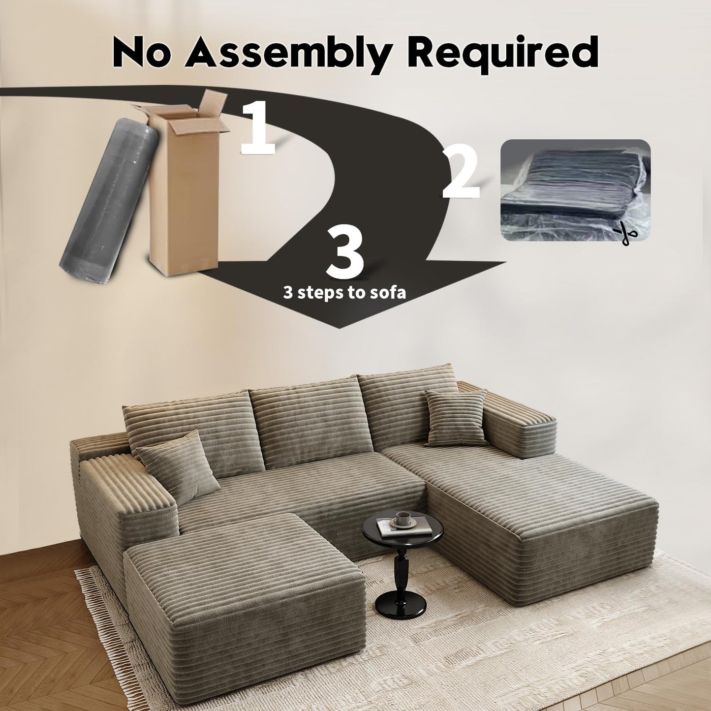 107.5" Cloud Modular Sectional Sofa Couch with L-Shape Chaise,Modern Minimalist Upholstered Couches for Living Room Bedroom,Deep Seat Corner Couch，No Assembly Required (Camel,Left Facing Chaise)