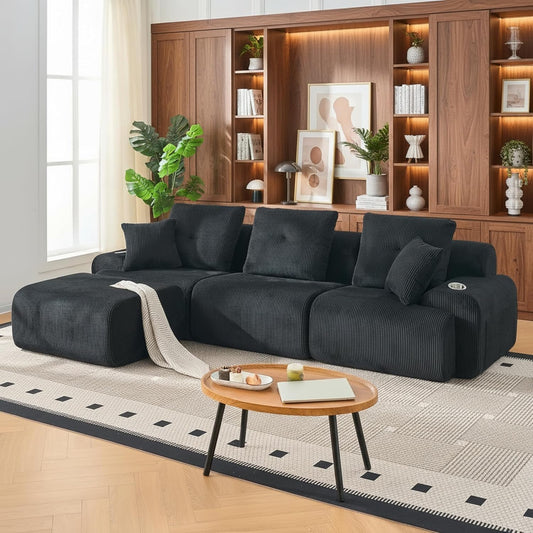 Modular Sectional Sofa with L-Shape Chaise, 118" Cloud Sectional Couch with Deep Seat, 3 Seat Modular Sofa Memory Foam, Upholstered Boneless Couches for Living Room, No Assembly Required, Black