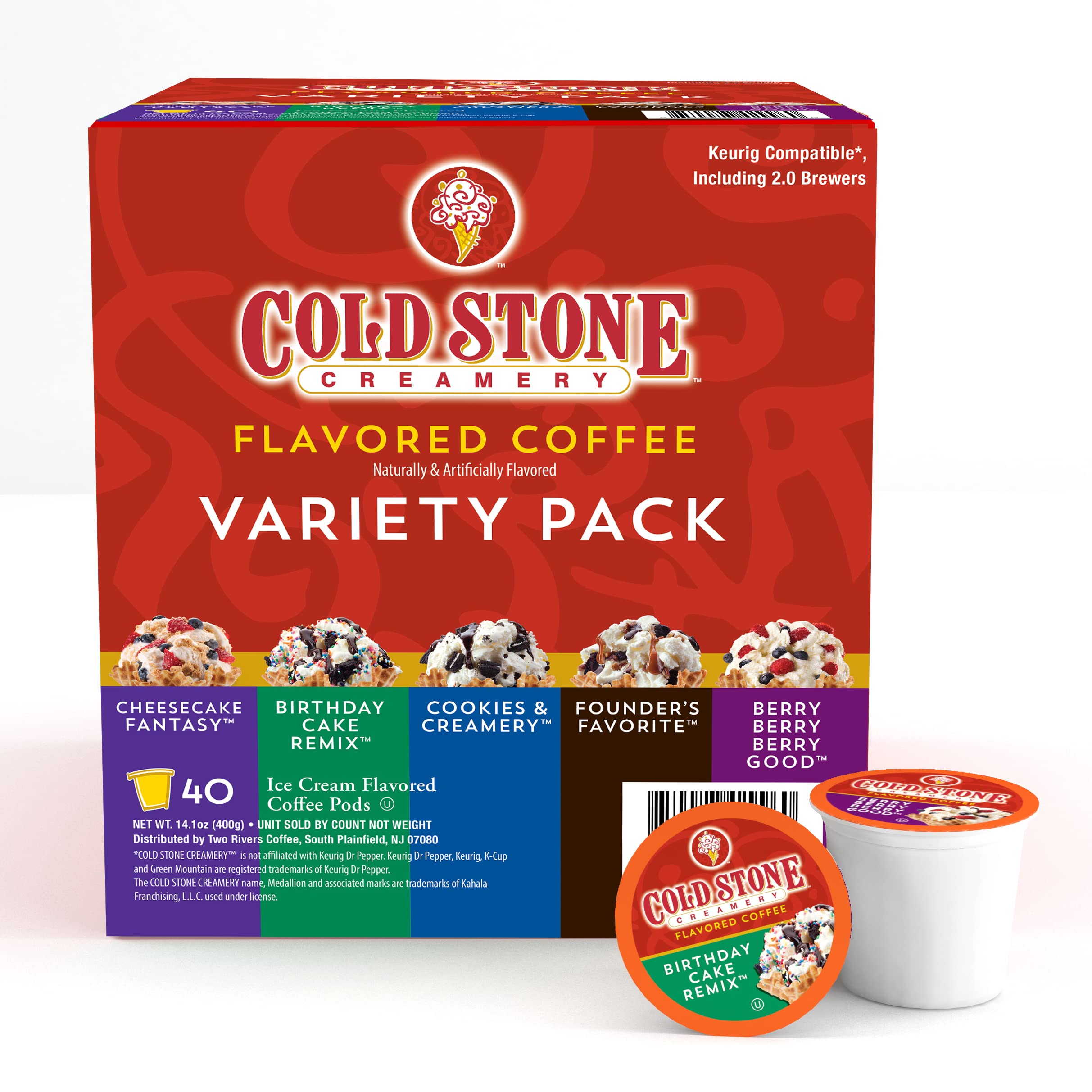 Cold Stone Creamery Beverages Coffee Pods Compatible with K Cup Brewers Including 2.0 - Ice Cream Flavored Assorted Variety Pack, 40 Count