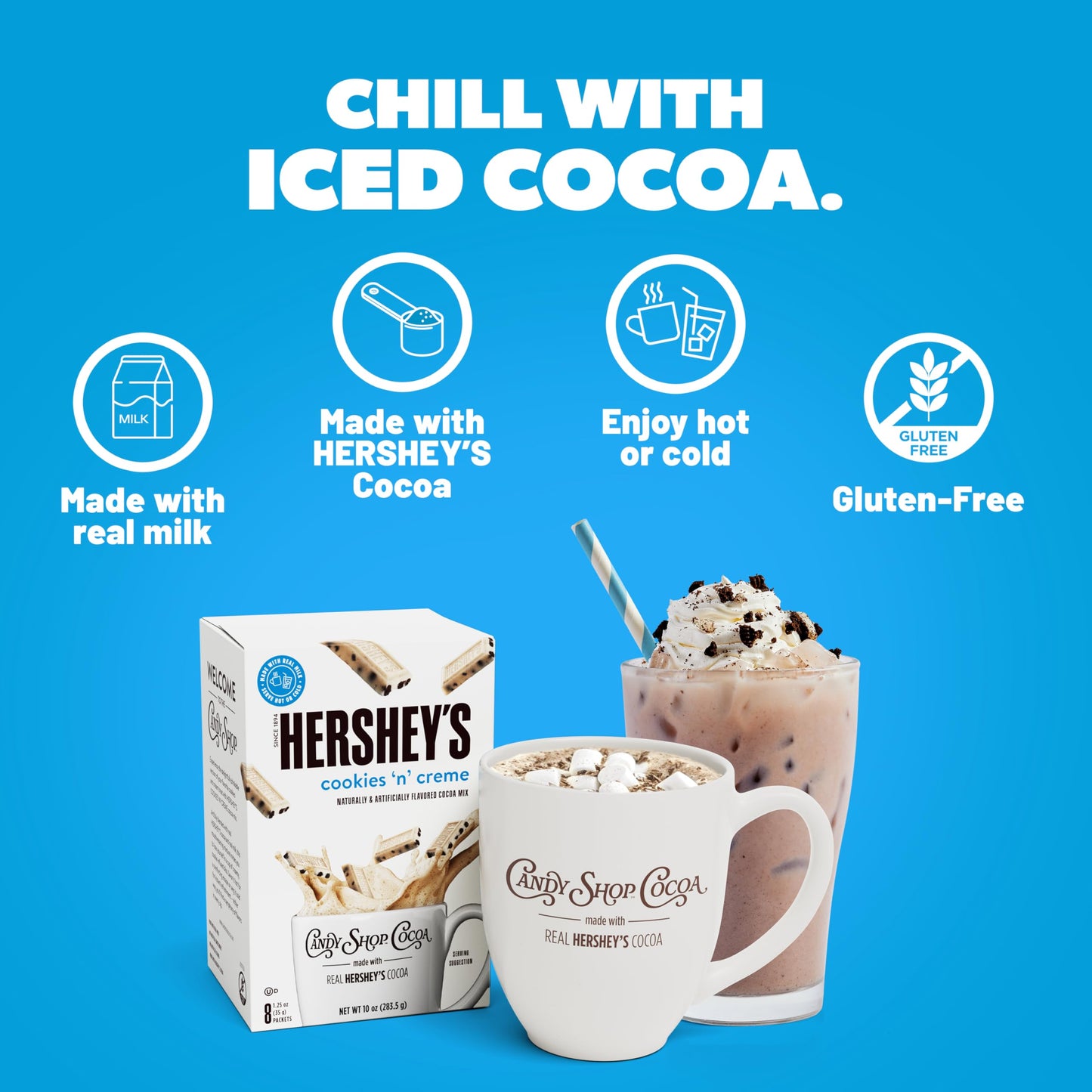 Candy Shop Cocoa HERSHEY'S Milk Chocolate Cocoa Mix, Hot Chocolate, Make Hot or Iced Cocoa, Made With Real Milk, Gluten Free, 1.25 oz packet (24 count)