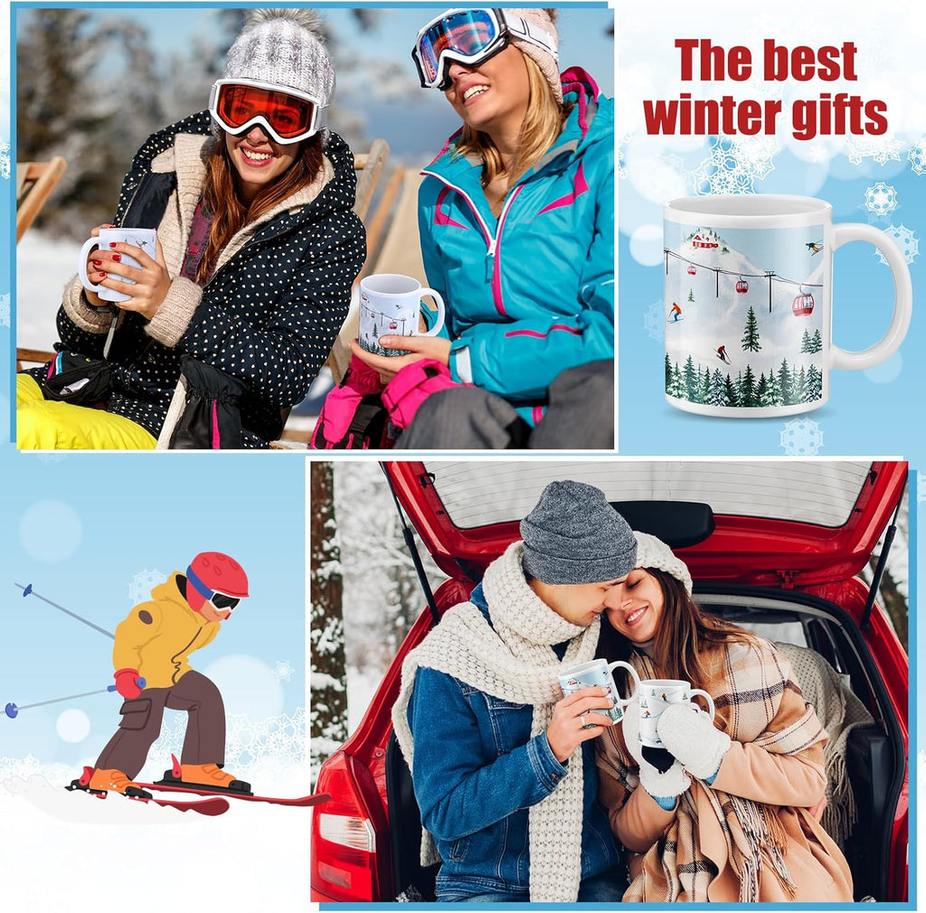 Vesici 4 Pack Ski Coffee Mugs Set 12 oz Ceramic Creative Coffee Mugs with Ski Skateboard Snow Mountain Cable Car Novelty Cup for Home Office Gifts for Skiers Family Friends and Co-workers