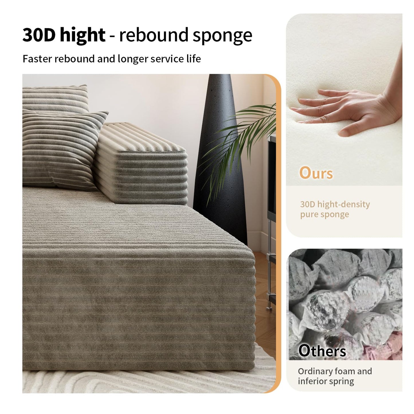 107.5" Cloud Modular Sectional Sofa Couch with L-Shape Chaise,Modern Minimalist Upholstered Couches for Living Room Bedroom,Deep Seat Corner Couch，No Assembly Required (Camel,Left Facing Chaise)