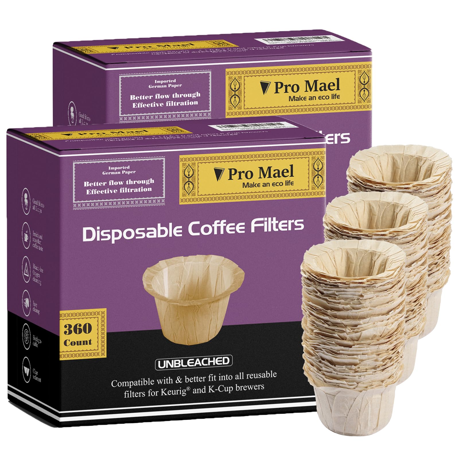 Pro Mael 360 Count Disposable K Cup Filters, Coffee Filter Paper for Keurig Brewers Single Serve 1.0 and 2.0, Use with Reusable K Cup Pods (White)