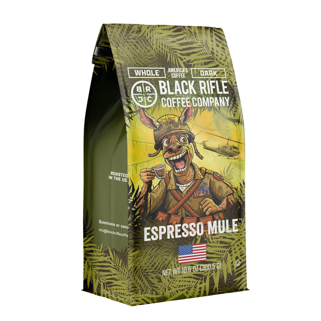 Black Rifle Coffee Company Espresso Mule Dark Roast Whole Bean Coffee – Bold Espresso with Notes of Chocolate, Bing Cherry & Caramelized Sugar 11oz