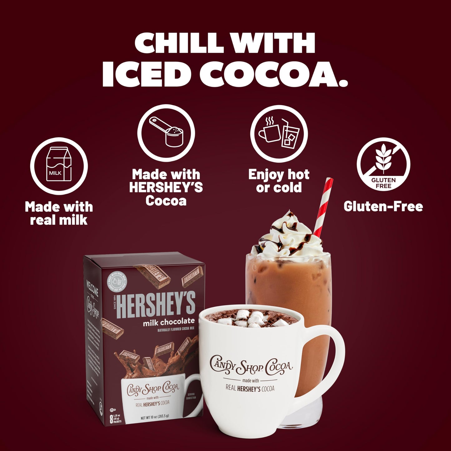 Candy Shop Cocoa HERSHEY'S Milk Chocolate Cocoa Mix, Hot Chocolate, Make Hot or Iced Cocoa, Made With Real Milk, Gluten Free, 1.25 oz packet (24 count)