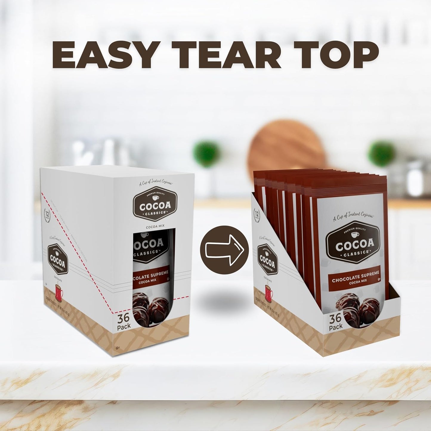 Cocoa Classics Chocolate Supreme Cocoa Mix, Hot Chocolate, Made with Nonfat Milk, Just Add Hot Water, Make Hot or Iced Cocoa, Gluten Free & Kosher Dairy Friendly, 1.25oz Packets (Pack of 36)