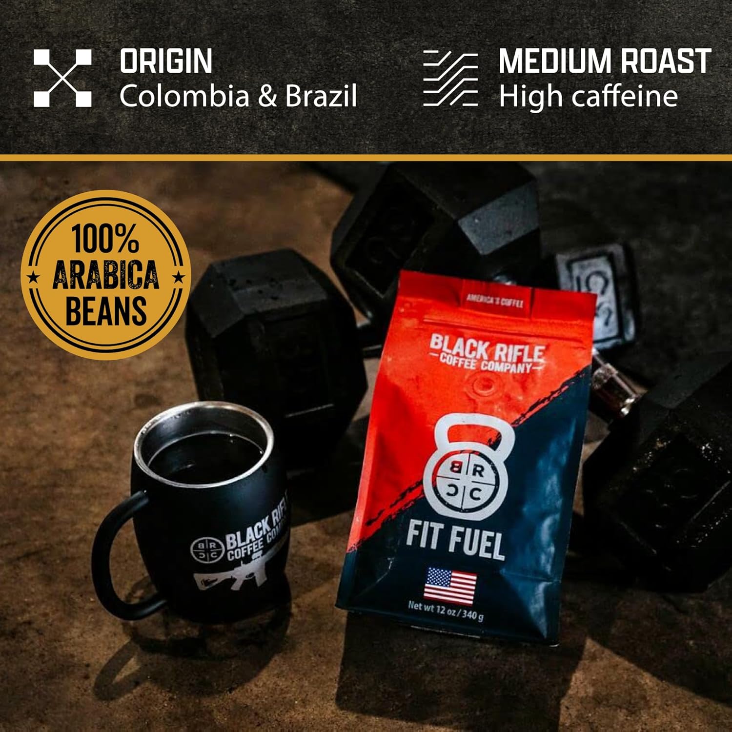 Black Rifle Coffee Company Fit Fuel, 12oz Bag, Whole Bean Medium Roast - Roasted Blend Made from Arabica Beans - Colombian & Brazilian Beans - Veteran Founded & American Made