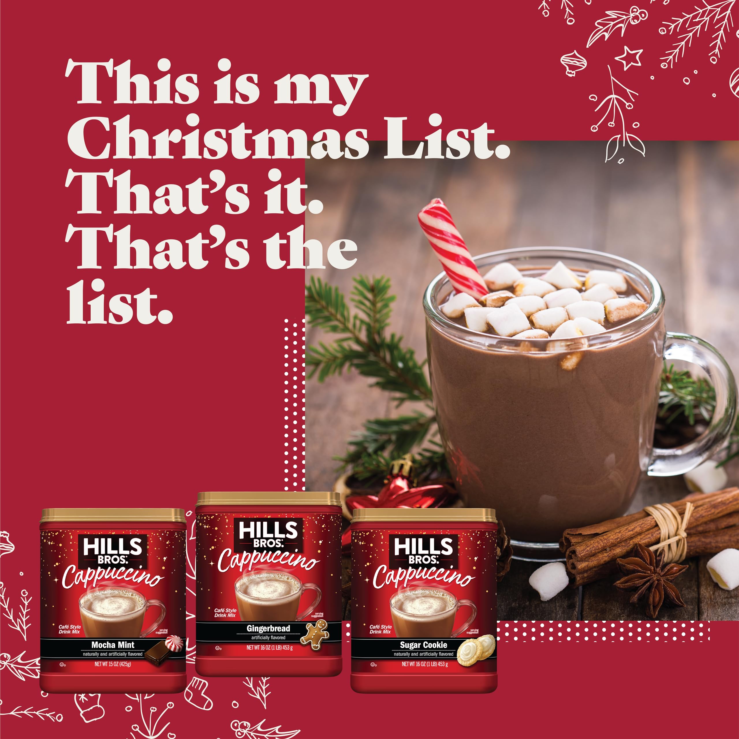 Hills Bros. Cappuccino Mix – Rich, Frothy Coffeehouse-Tasting Instant Drink Mix – Quick and Easy Preparation – Perfect for Hot & Iced Drinks & Creaming Coffee – Rich Variety Pack, 2 Packs of 16oz & 1 Pack of 14oz