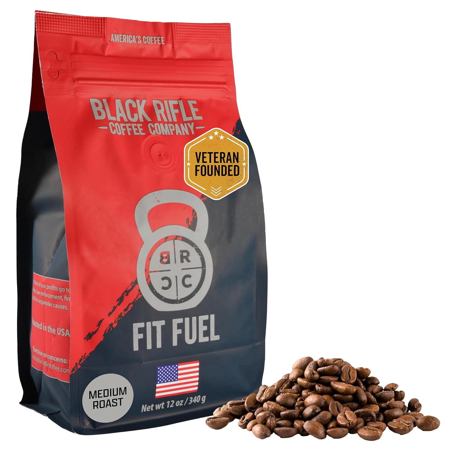 Black Rifle Coffee Company Fit Fuel, 12oz Bag, Whole Bean Medium Roast - Roasted Blend Made from Arabica Beans - Colombian & Brazilian Beans - Veteran Founded & American Made