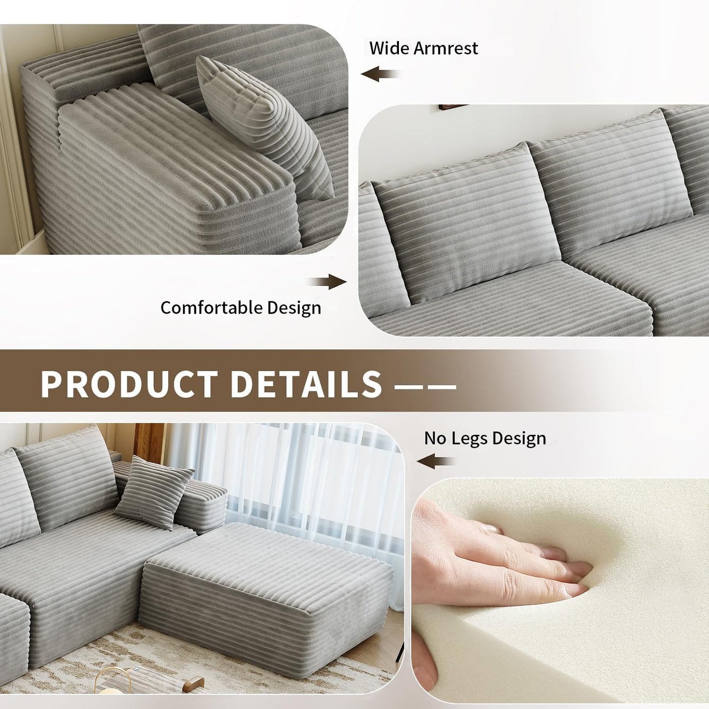 107.5" Cloud Modular Sectional Sofa Couch with L-Shape Chaise,Modern Minimalist Upholstered Couches for Living Room Bedroom,Deep Seat Corner Couch，No Assembly Required (Camel,Left Facing Chaise)