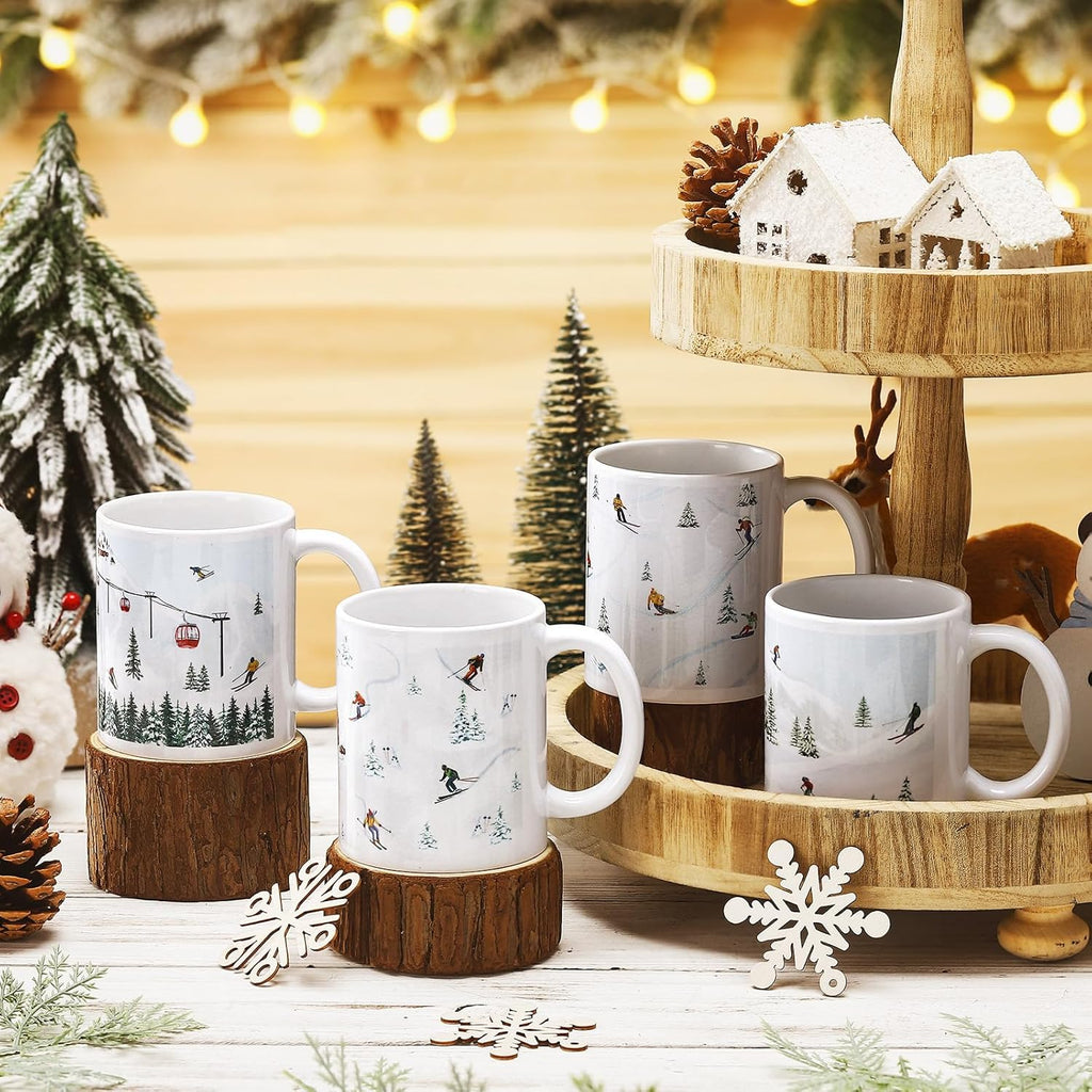 Vesici 4 Pack Ski Coffee Mugs Set 12 oz Ceramic Creative Coffee Mugs with Ski Skateboard Snow Mountain Cable Car Novelty Cup for Home Office Gifts for Skiers Family Friends and Co-workers