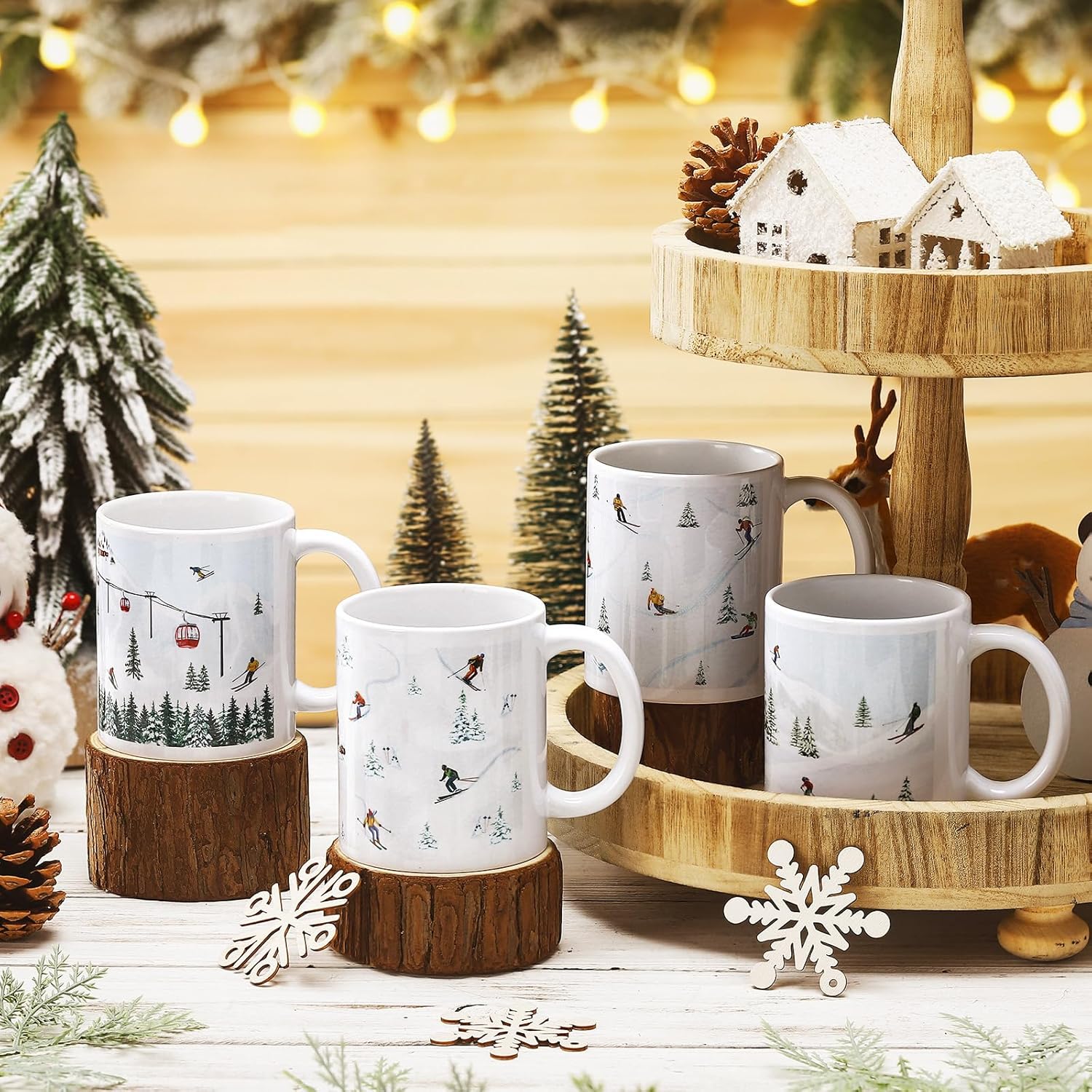 Vesici 4 Pack Ski Coffee Mugs Set 12 oz Ceramic Creative Coffee Mugs with Ski Skateboard Snow Mountain Cable Car Novelty Cup for Home Office Gifts for Skiers Family Friends and Co-workers