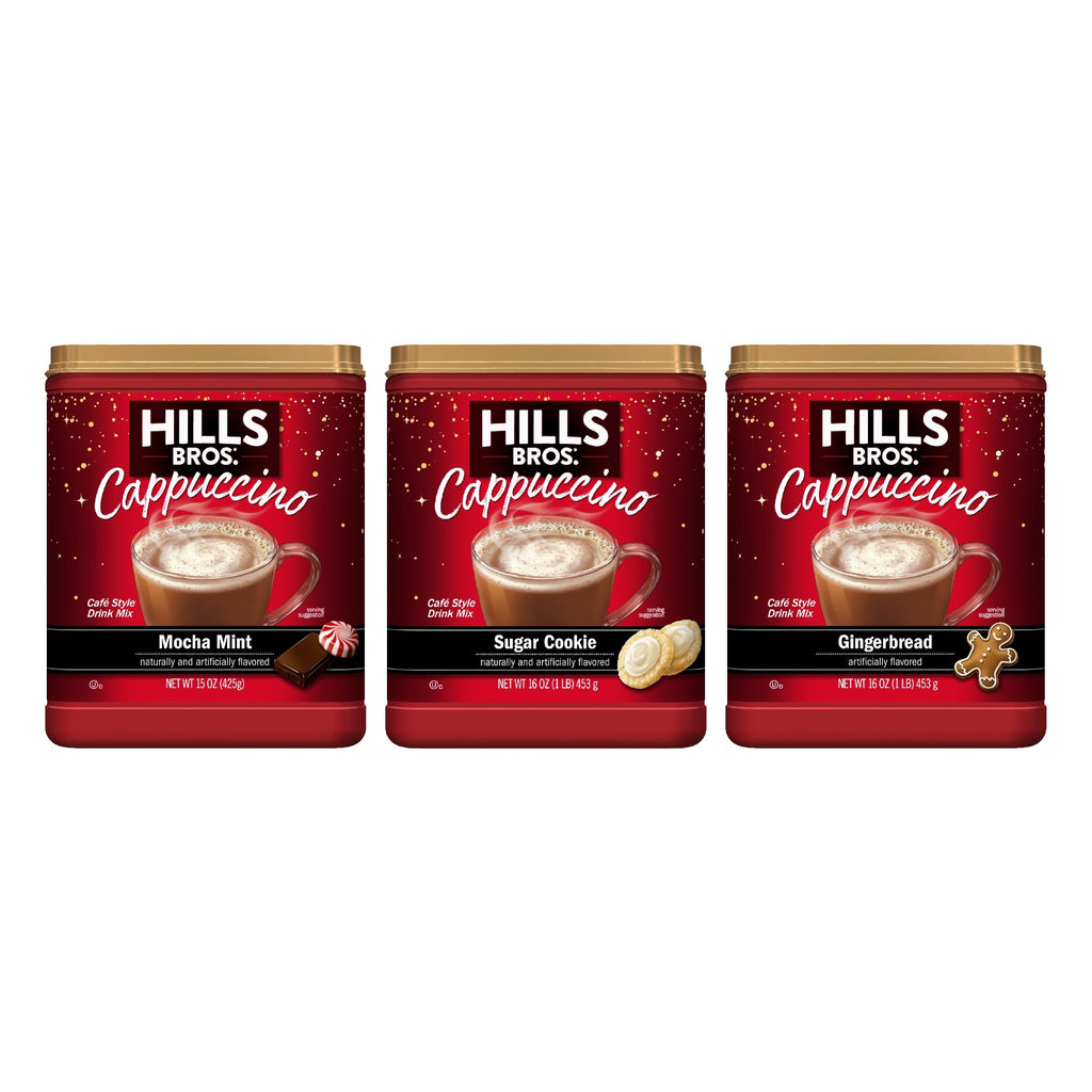 Hills Bros. Cappuccino Mix – Rich, Frothy Coffeehouse-Tasting Instant Drink Mix – Quick and Easy Preparation – Perfect for Hot & Iced Drinks & Creaming Coffee – Rich Variety Pack, 2 Packs of 16oz & 1 Pack of 14oz