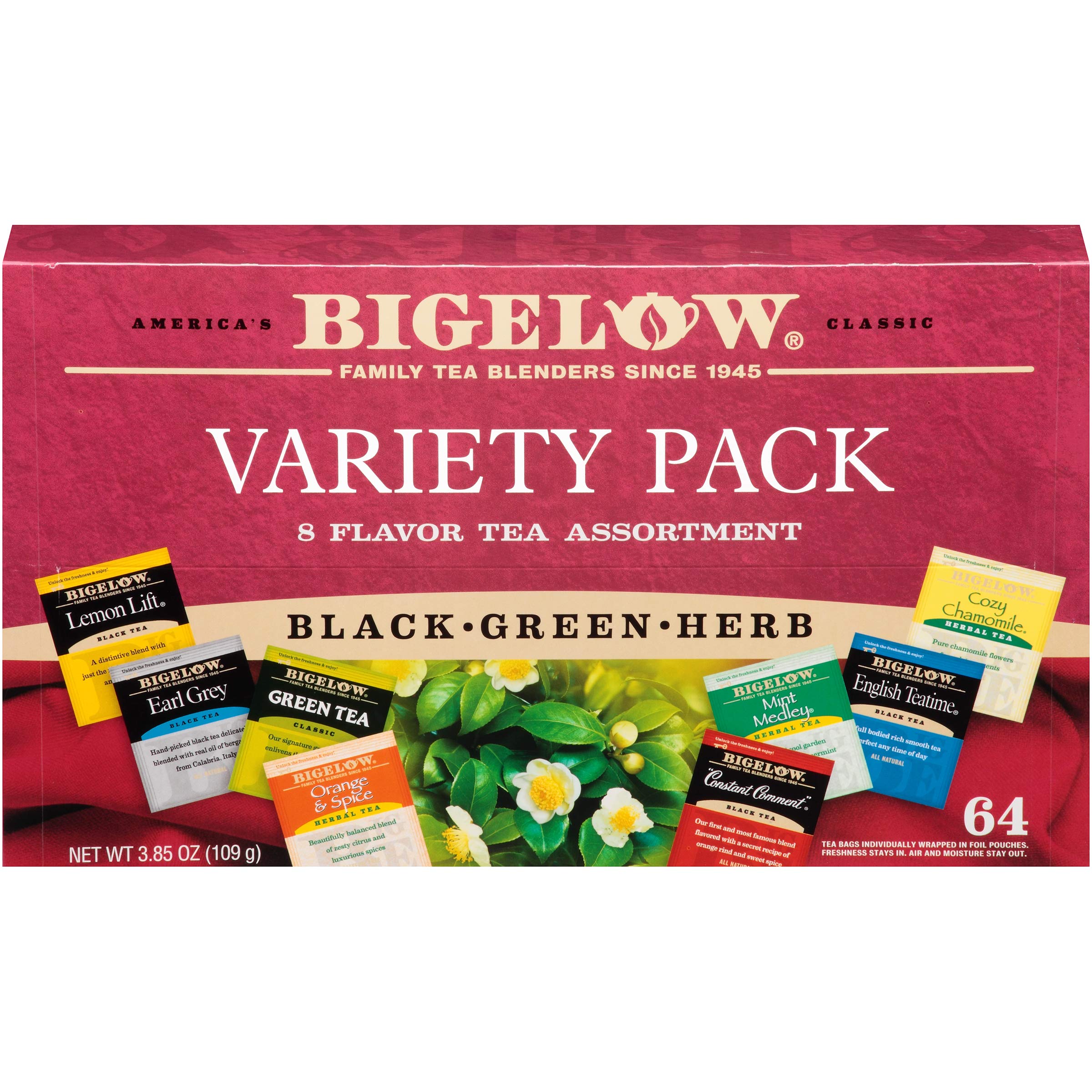 Bigelow Tea Assortment, Green, Black, and Herbal Teas with English Teatime, Constant Comment, Lemon Lift, Earl Grey, Green, Cozy Chamomile, Orange Spice, Mint Medley, 64 Tea Bags (Pack of 1)