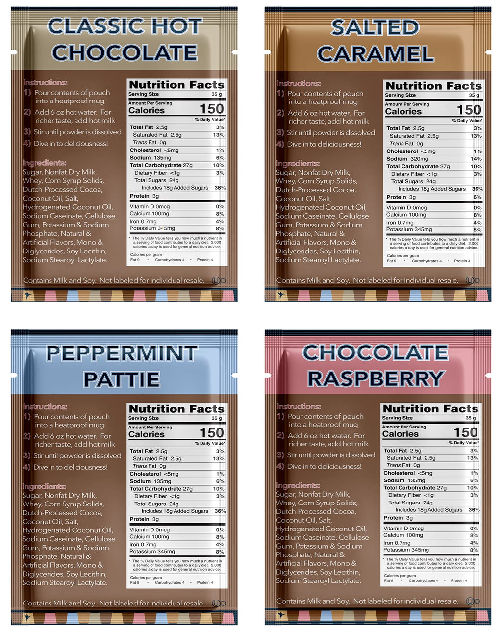 Gourmet Hot Cocoa Mix Variety Pack - Classic, Chocolate Raspberry, Salted Caramel, & Peppermint Hot Chocolate Mix Sets - 32 Count