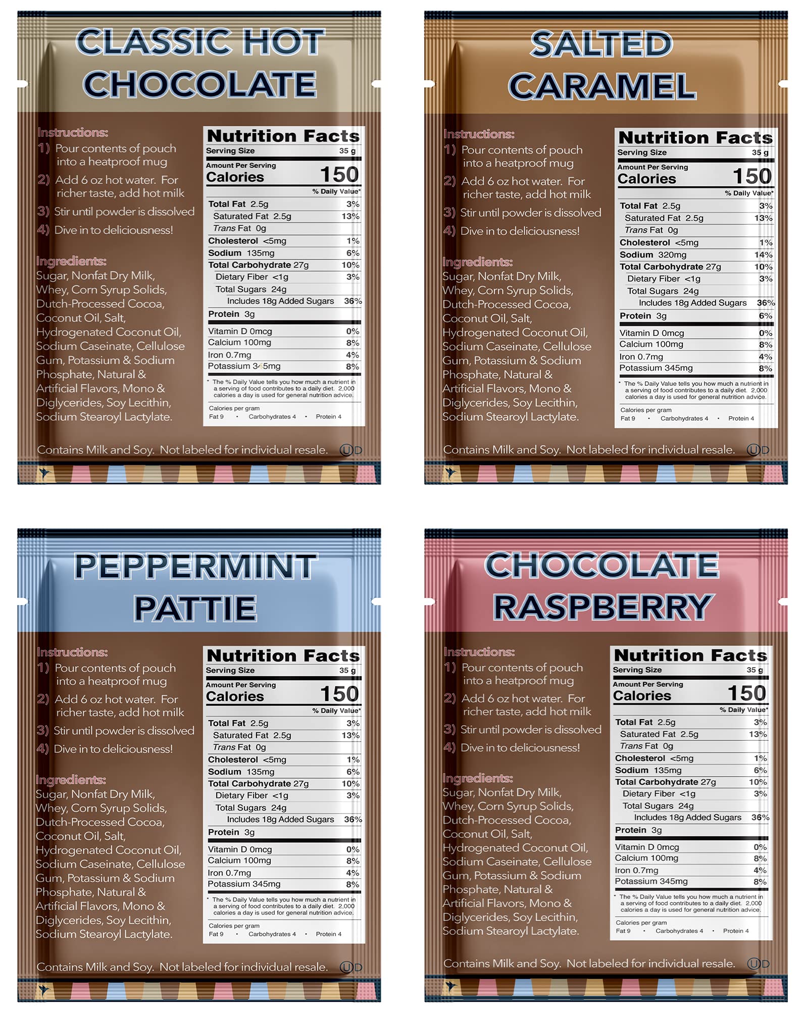 Gourmet Hot Cocoa Mix Variety Pack - Classic, Chocolate Raspberry, Salted Caramel, & Peppermint Hot Chocolate Mix Sets - 32 Count
