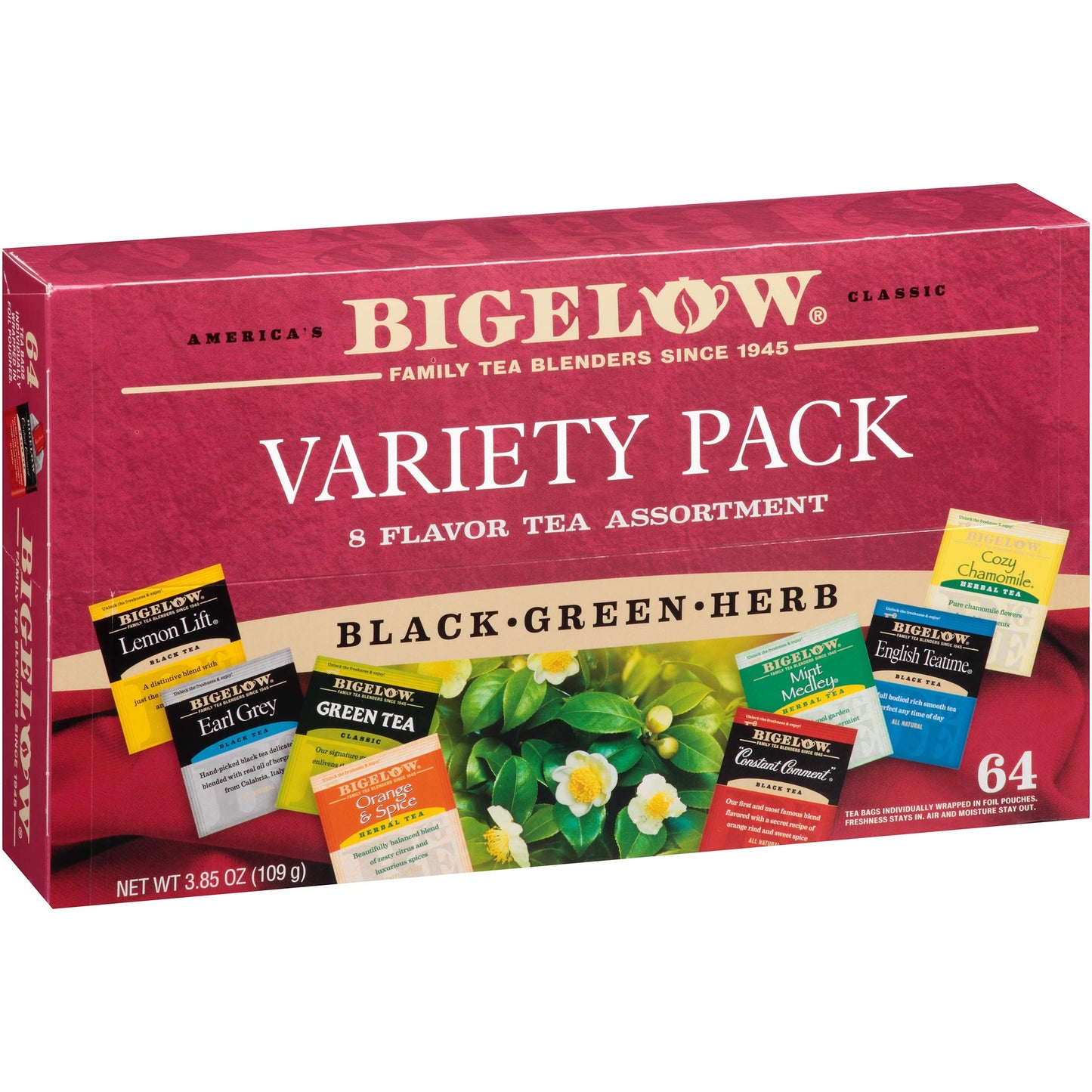 Bigelow Tea Assortment, Green, Black, and Herbal Teas with English Teatime, Constant Comment, Lemon Lift, Earl Grey, Green, Cozy Chamomile, Orange Spice, Mint Medley, 64 Tea Bags (Pack of 1)