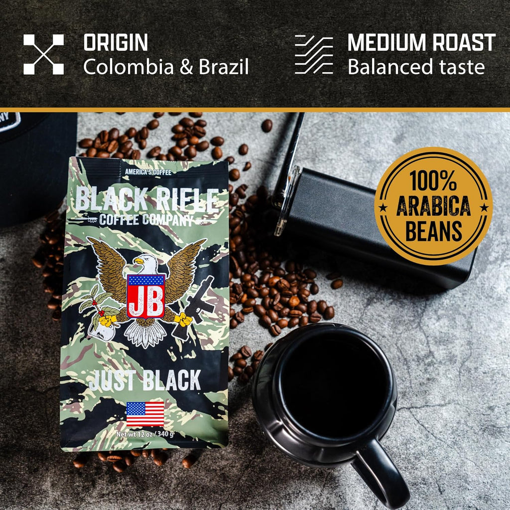 Black Rifle Coffee Company Just Black, 12oz Bag, Whole Bean Medium Roast - Roasted Blend Made from Arabica Beans - Colombian & Brazilian Beans - Veteran Founded & American Made