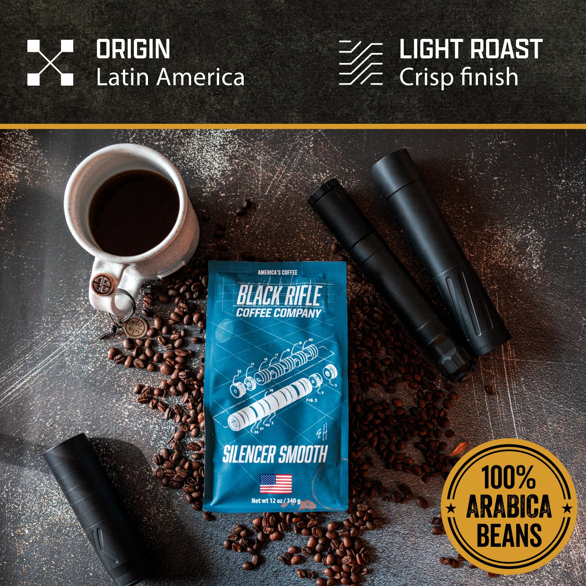 Black Rifle Coffee Company Silencer Smooth, 12oz Bag, Whole Bean Light Roast - Roasted Blend Made from Arabica Beans - Colombian & Brazilian Beans - Veteran Founded & American Made