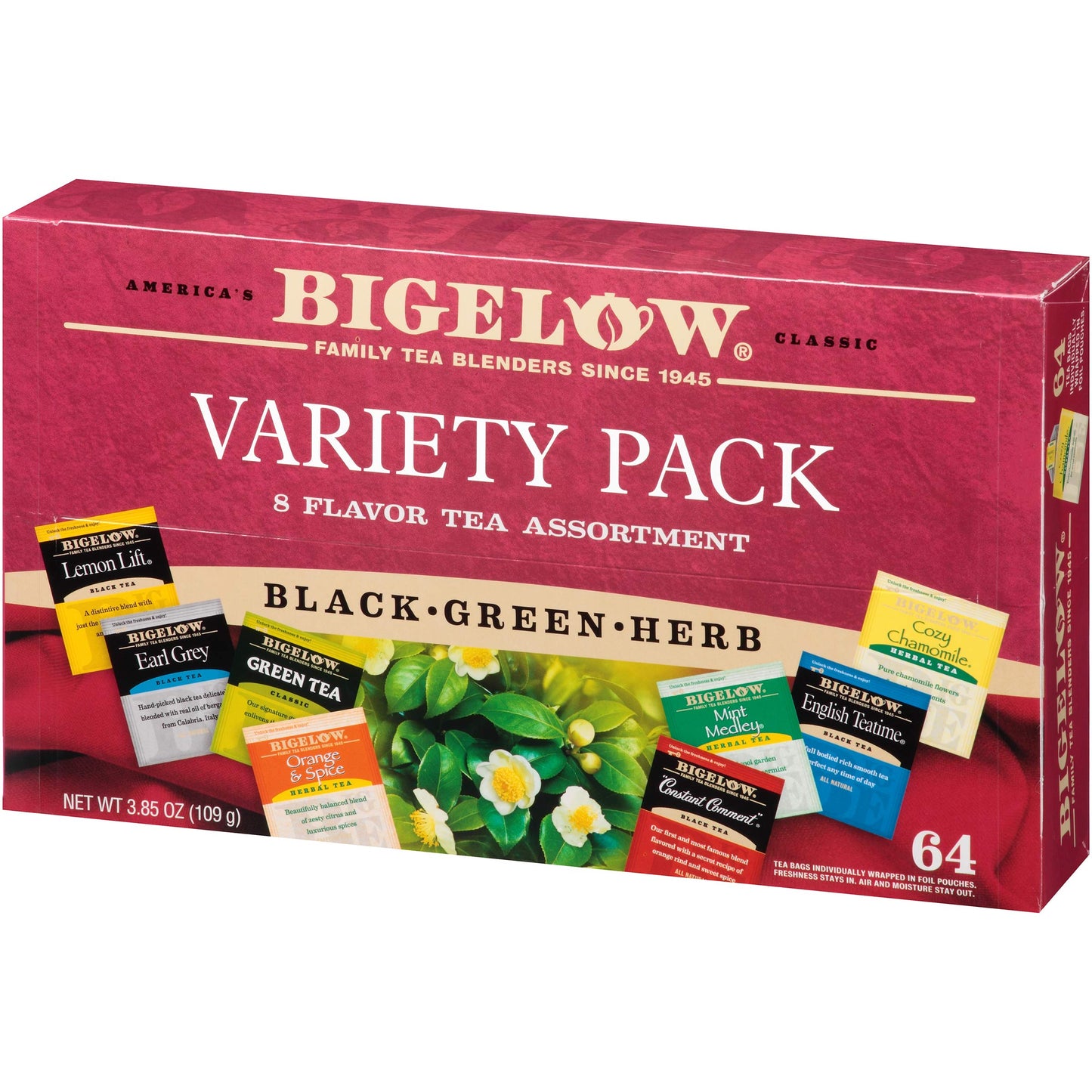 Bigelow Tea Assortment, Green, Black, and Herbal Teas with English Teatime, Constant Comment, Lemon Lift, Earl Grey, Green, Cozy Chamomile, Orange Spice, Mint Medley, 64 Tea Bags (Pack of 1)