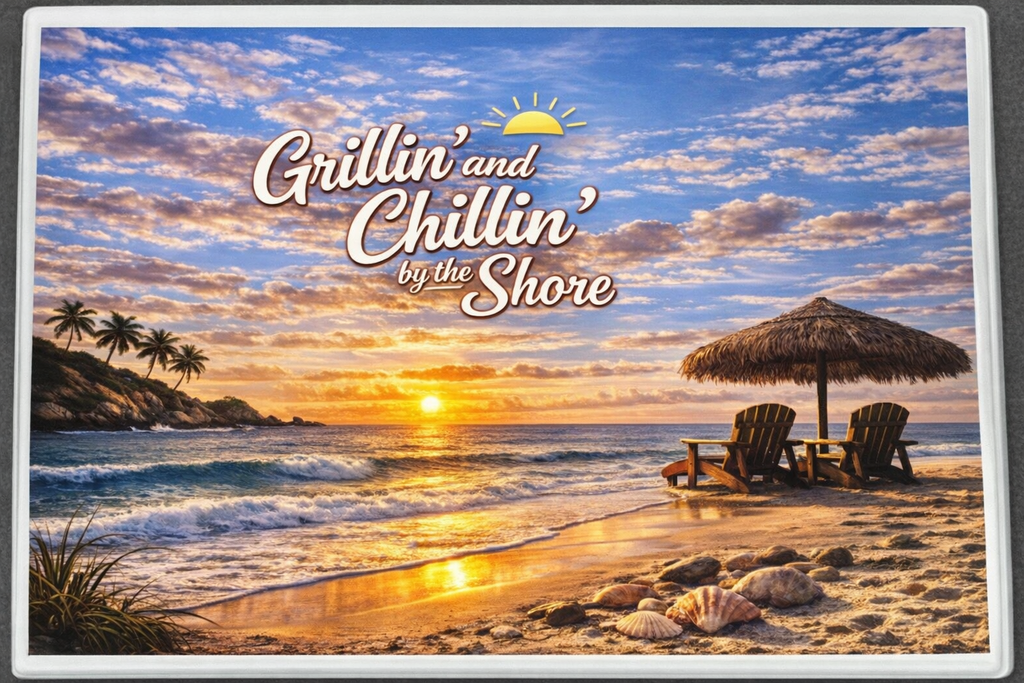 Grillin’ and Chillin’ by the Shore Cutting Board – Coastal Beach Kitchen Decor, BBQ Gift, Summer Cooking Board