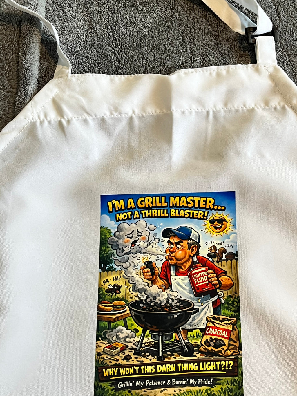 Funny Grill Master Apron – Cartoon BBQ Fail Gift for Him – Charcoal Grilling Humor Kitchen & Cookout Apron