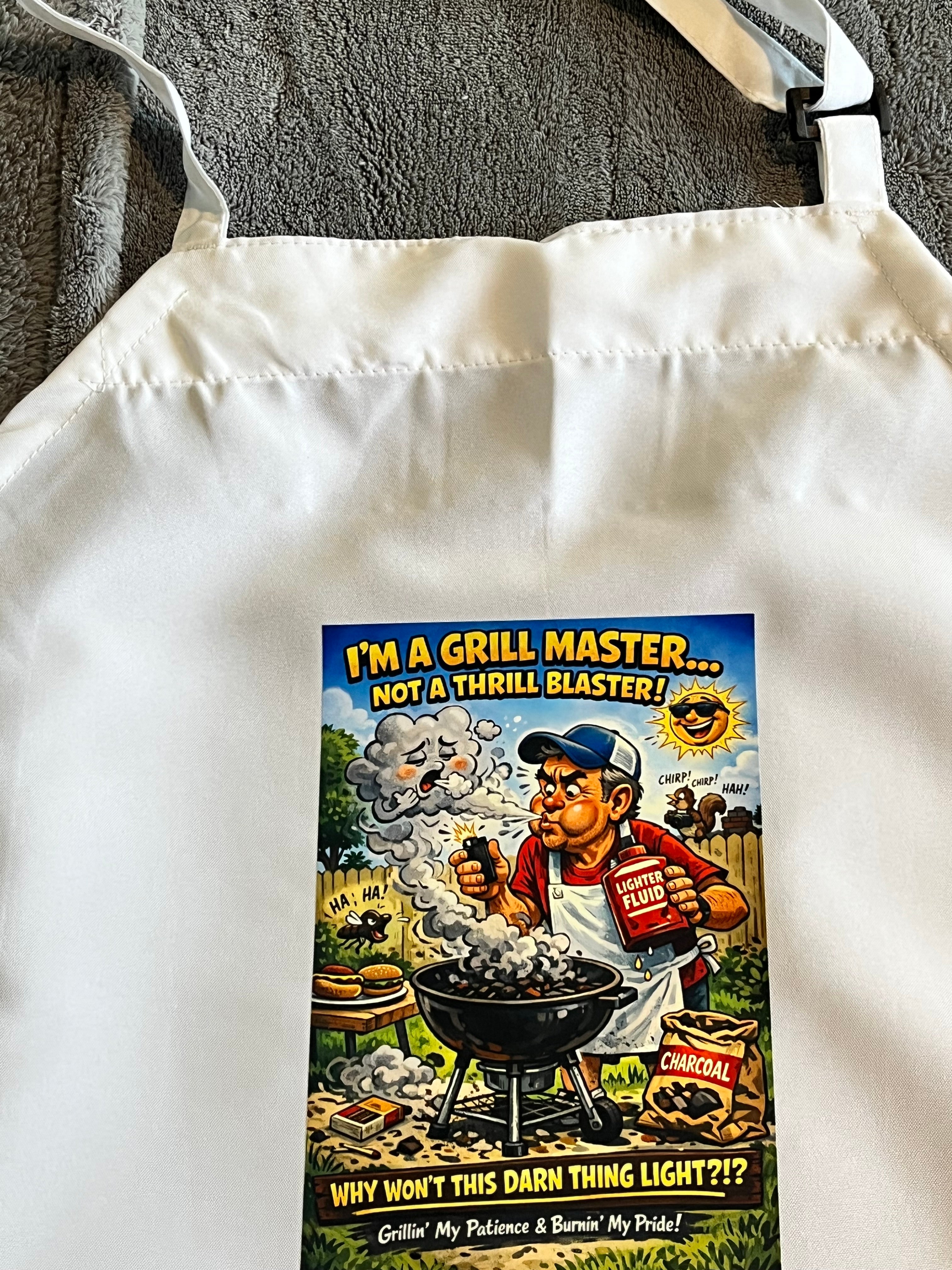 Funny Grill Master Apron – Cartoon BBQ Fail Gift for Him – Charcoal Grilling Humor Kitchen & Cookout Apron