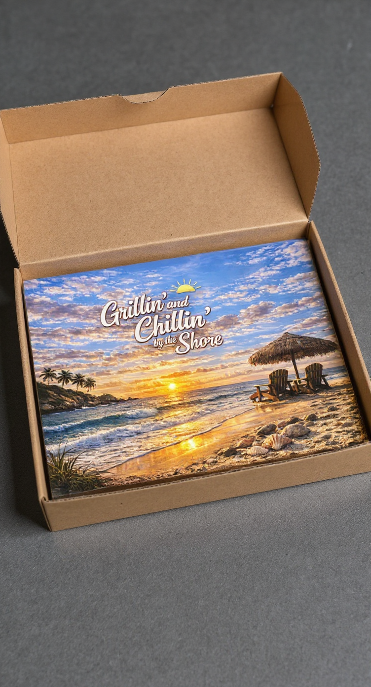 Grillin’ and Chillin’ by the Shore Cutting Board – Coastal Beach Kitchen Decor, BBQ Gift, Summer Cooking Board