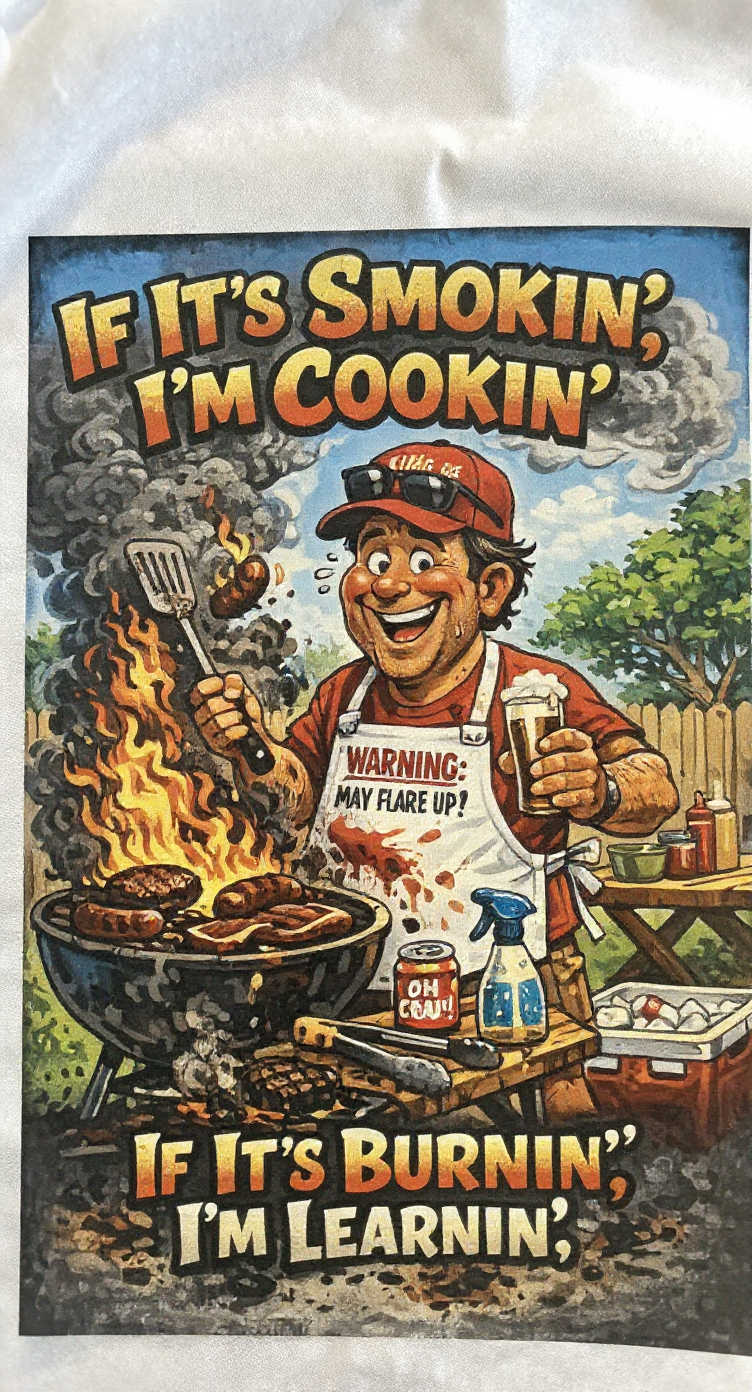 Funny BBQ Apron for Grill Masters – Smokin’ & Burnin’ Cartoon Grilling Apron – Backyard Barbecue Gift for Him