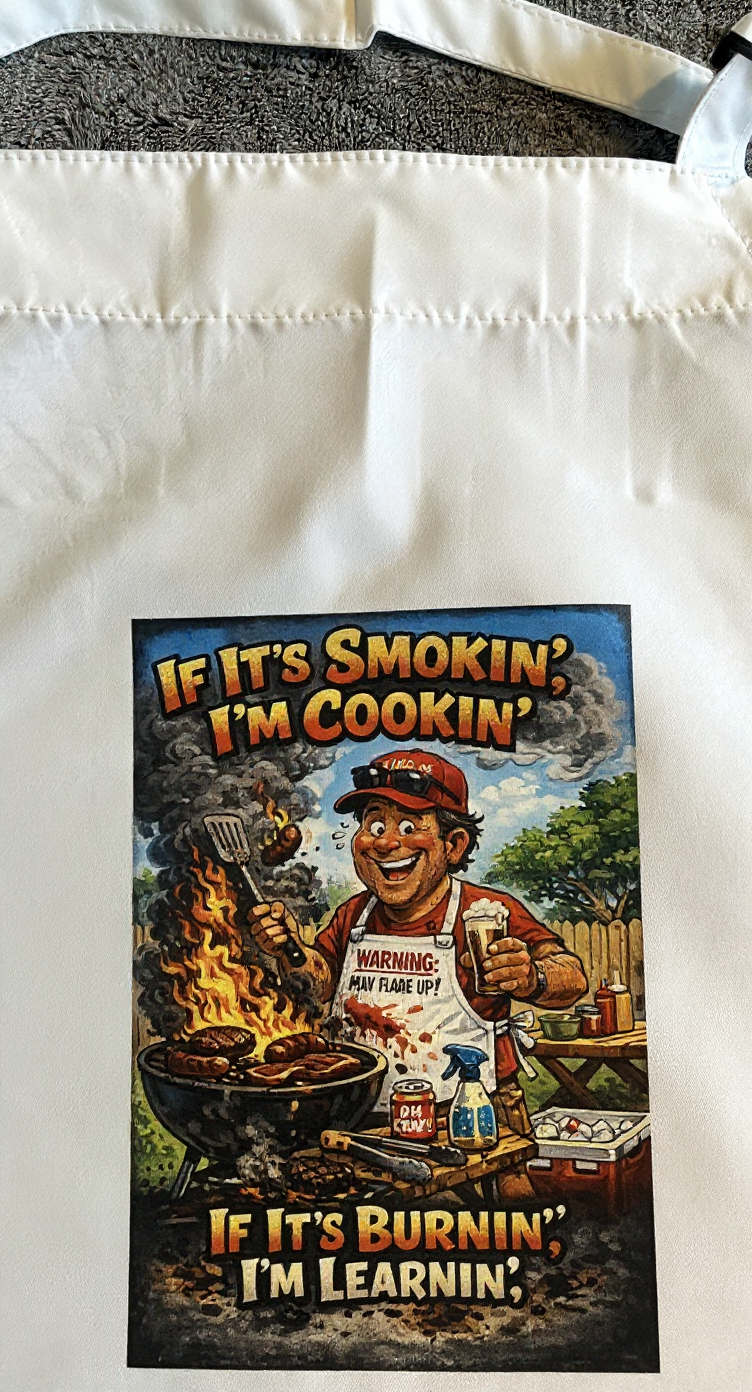 Funny BBQ Apron for Grill Masters – Smokin’ & Burnin’ Cartoon Grilling Apron – Backyard Barbecue Gift for Him