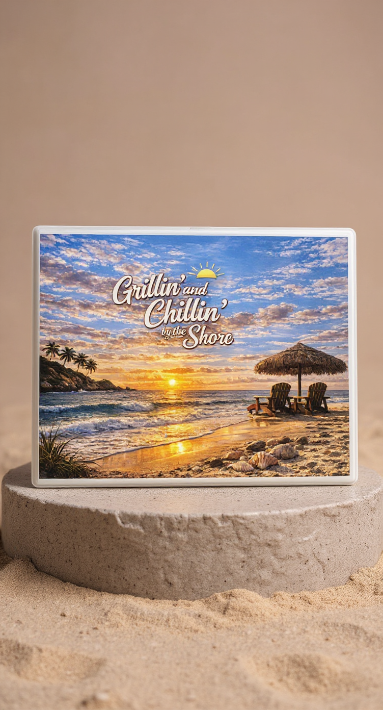 Grillin’ and Chillin’ by the Shore Cutting Board – Coastal Beach Kitchen Decor, BBQ Gift, Summer Cooking Board