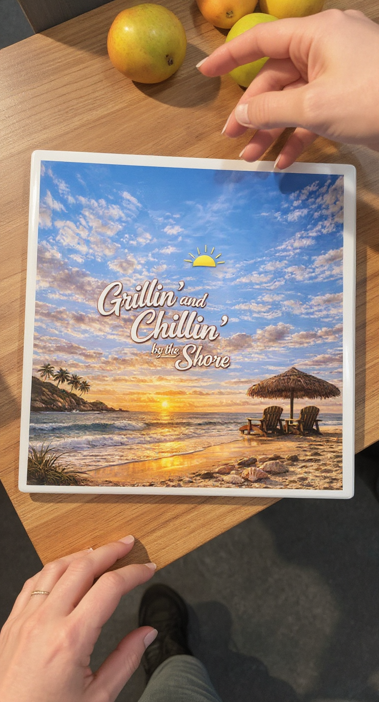 Grillin’ and Chillin’ by the Shore Cutting Board – Coastal Beach Kitchen Decor, BBQ Gift, Summer Cooking Board