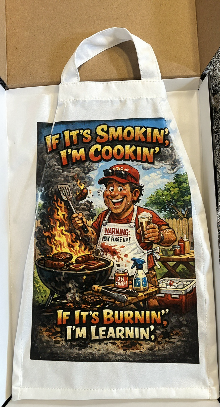 Funny BBQ Apron for Grill Masters – Smokin’ & Burnin’ Cartoon Grilling Apron – Backyard Barbecue Gift for Him