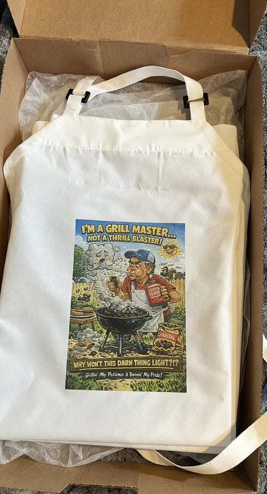Funny Grill Master Apron – Cartoon BBQ Fail Gift for Him – Charcoal Grilling Humor Kitchen & Cookout Apron