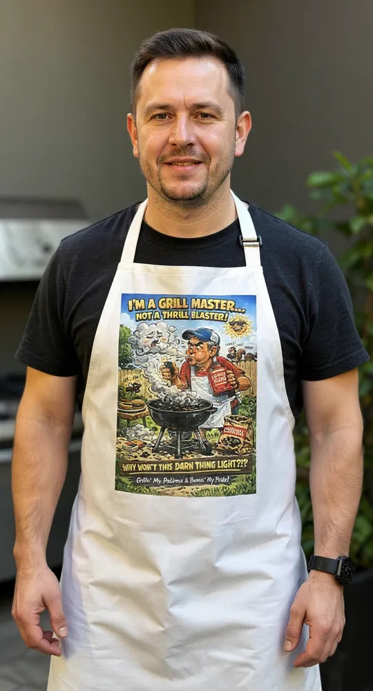 Funny Grill Master Apron – Cartoon BBQ Fail Gift for Him – Charcoal Grilling Humor Kitchen & Cookout Apron